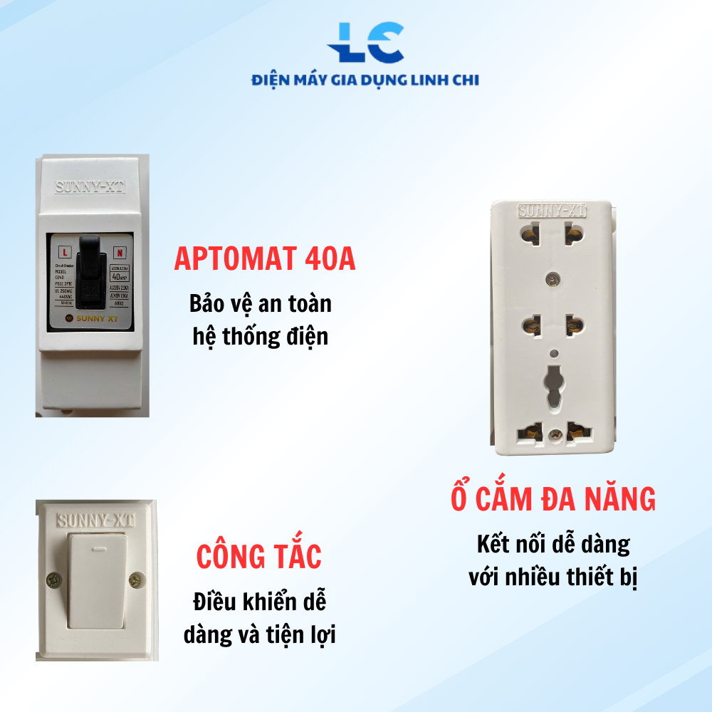 Bảng điện cơ động: Automat 40A, 10 bộ ổ cắm; 20m bdây điện, bảng gỗ kích thước 90x18
