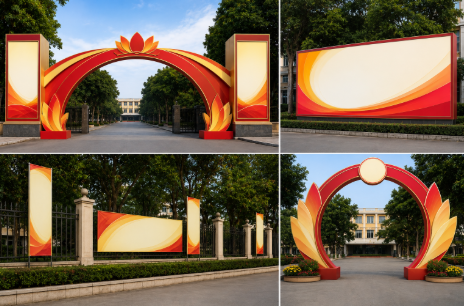 Pano, khẩu hiệu tuyên truyền Hội thi tại cổng Học viện, vòng cung S5, h3